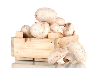 fresh mushrooms in a wooden box isolated on white