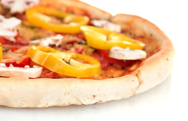 delicious pizza with sausage and vegetables isolated on white