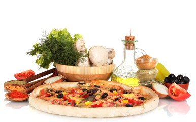 delicious pizza, vegetables, spices and oil isolated on white