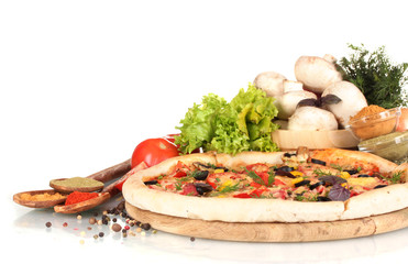 delicious pizza, vegetables and spices  isolated on white