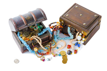 Two chest with lots of jewels, isolated on white background