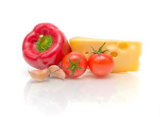 vegetables and cheese, close-up on a white background