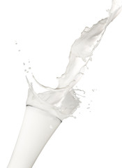 Pouring milk into glass, isolated on white background