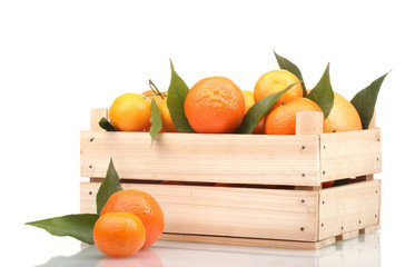 Ripe tasty tangerines with leaves in wooden box isolated
