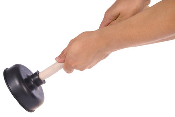 Hand holding plunger with wooden handle