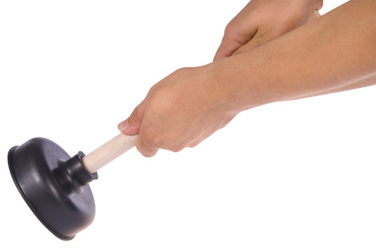 Hand Holding Plunger With Wooden Handle