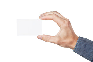 Fototapeta premium Blank card in hand. On a white background.