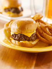 burger slider with onion rings and beer