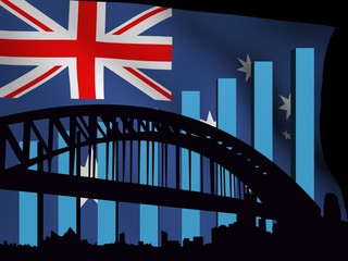 Sydney skyline and graph over flag illustration