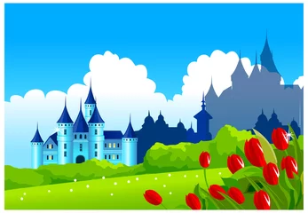 Abwaschbare Fototapete Schloss Fantasieschloss auf grüner Landschaft