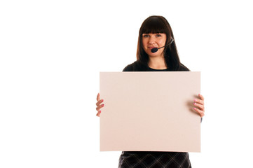 Young woman with headset and empty advertising sign