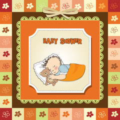 little baby boy sleep with his teddy bear toy. Baby shower card