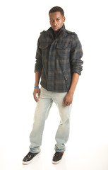 Full body casual black male model on white isolation