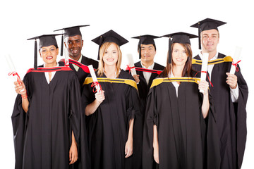 group of multiracial graduates on white