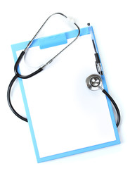 stethoscope and blue clipboard isolated on white