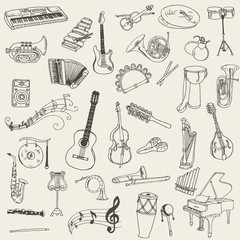 Naklejka premium Set of Music Instruments - hand drawn in vector
