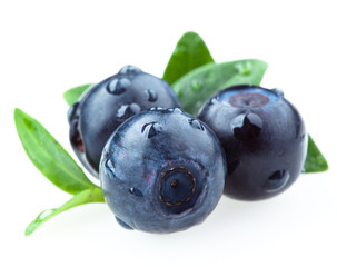 Blueberries with leaves isolated on white