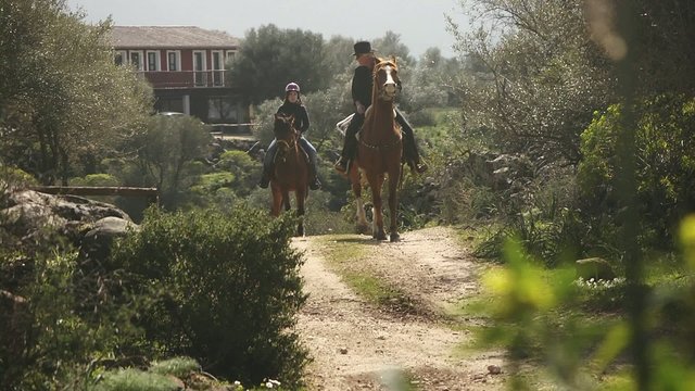 Old man and young woman ride horses in farm. Dolly shot