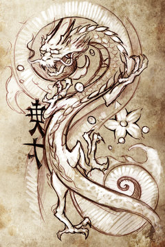 Tattoo art, sketch of a japanese dragon