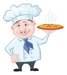Cook holds a hot pizza