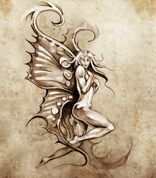 Sketch of tattoo art, fantasy fairy, nude illustration