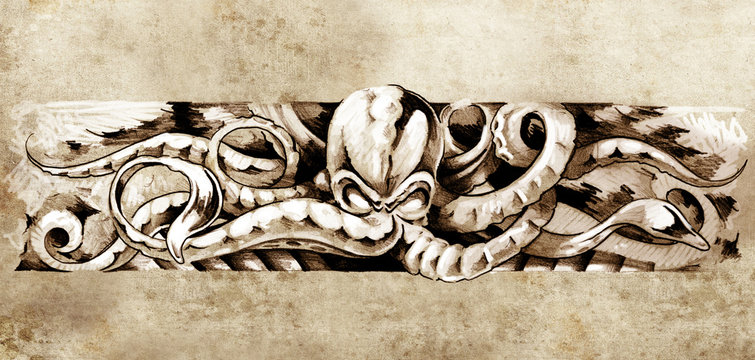 Sketch of tatto art, octopus illustration