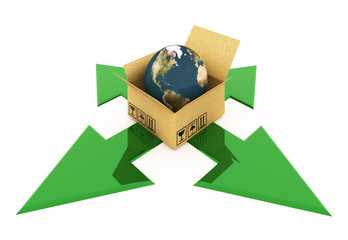 Cargoboard box with globe on green arrows
