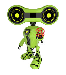 Green stylish robotic toy holds red symbol