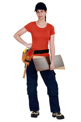 female carpenter posing