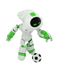 Photo sur Plexiglas Robots Robot moderne blanc-bleu qui mord le ballon de football