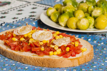 bruschetta with tomato, onion and corn on blue tablecloth