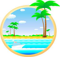 tropical landscape with beach, palm and cruise ship