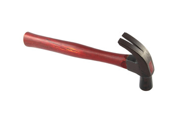 Crimson handle hammer from top side on white background.