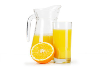 orange juice and citrus on a white background