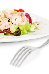 vegetable salad with shrimp on white background