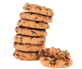 Pile of chocolate chip cookies isolated