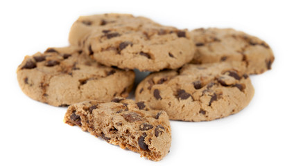 Pile of chocolate chip cookies isolated