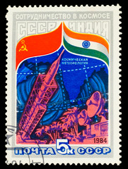 USSR- CIRCA 1984: A stamp printed in USSR, Space cooperation in