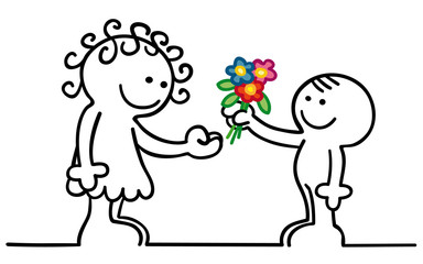 figur kind schenkt der mutter einen blumenstrauss