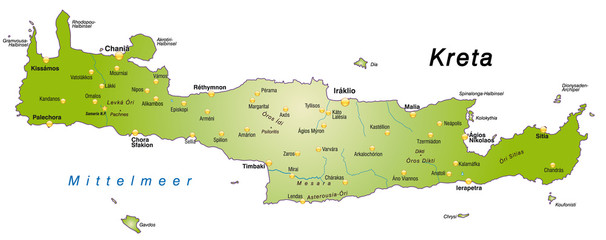Obraz premium Übersichtskarte von Kreta mit Hauptstädten in grün