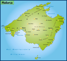 Übersichtskarte von Mallorca mit Hauptstädten in grün