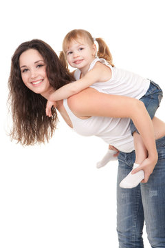 Happy mother and daughter playing on the white background