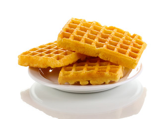 Sweet waffles on plate isolated on white