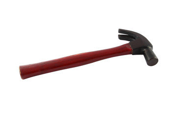 Crimson handle hammer from tail on white background.