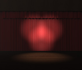 3d red stage curtain with spotlights on stage