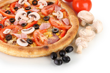 Aromatic pizza with vegetables and mushrooms close-up isolated