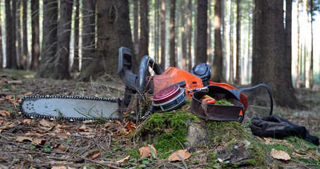 Chainsaw, helmet, tools