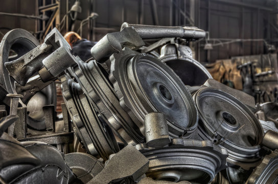 Stack of cast metal parts in a iron foundry