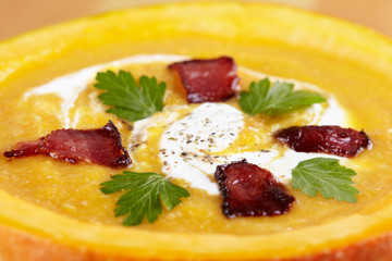 Pumpkin soup with smoked bacon