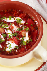 Russian cuisine. Borscht closeup